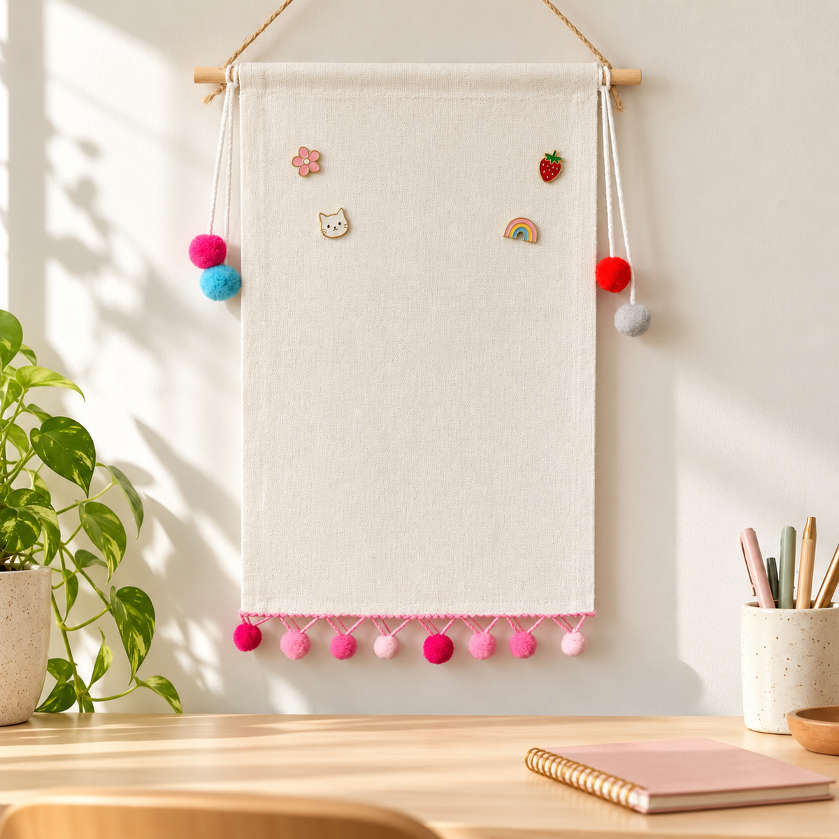 Rectangular Blank Canvas Pin Banner — collector workspace with display pins